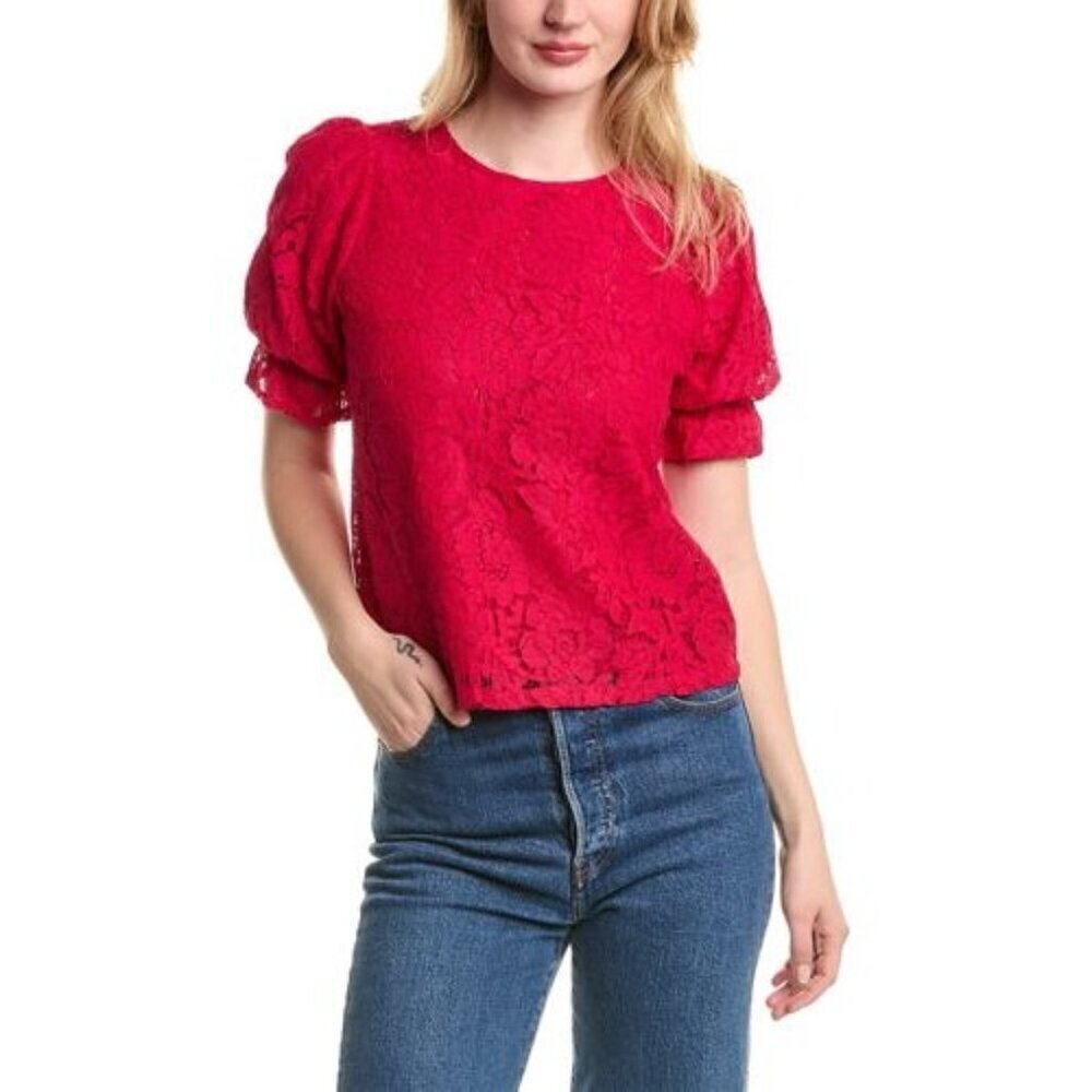1State Women's Lace Ruffle Puff Sleeve Top Wineberry Size S NWT